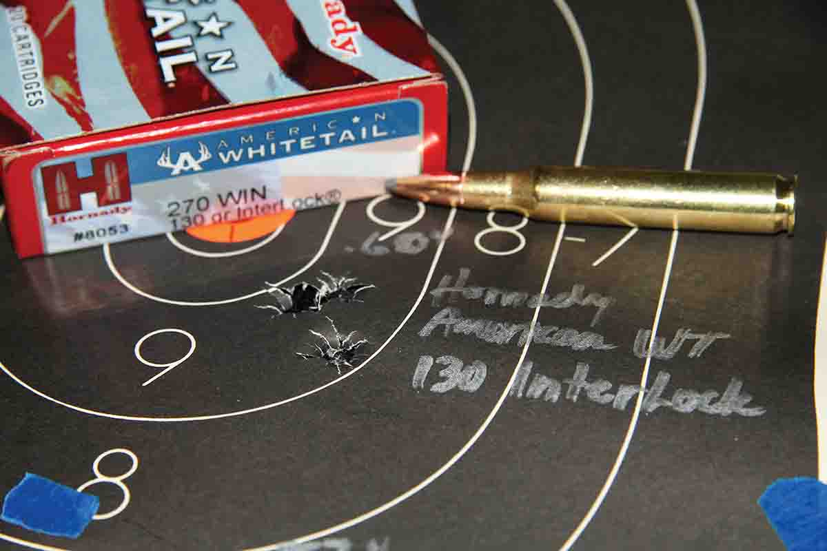 Hornady’s American Whitetail ammunition, loaded with 130-grain InterLock bullets, produced this nice .60-inch group while clocking 2,895 fps.